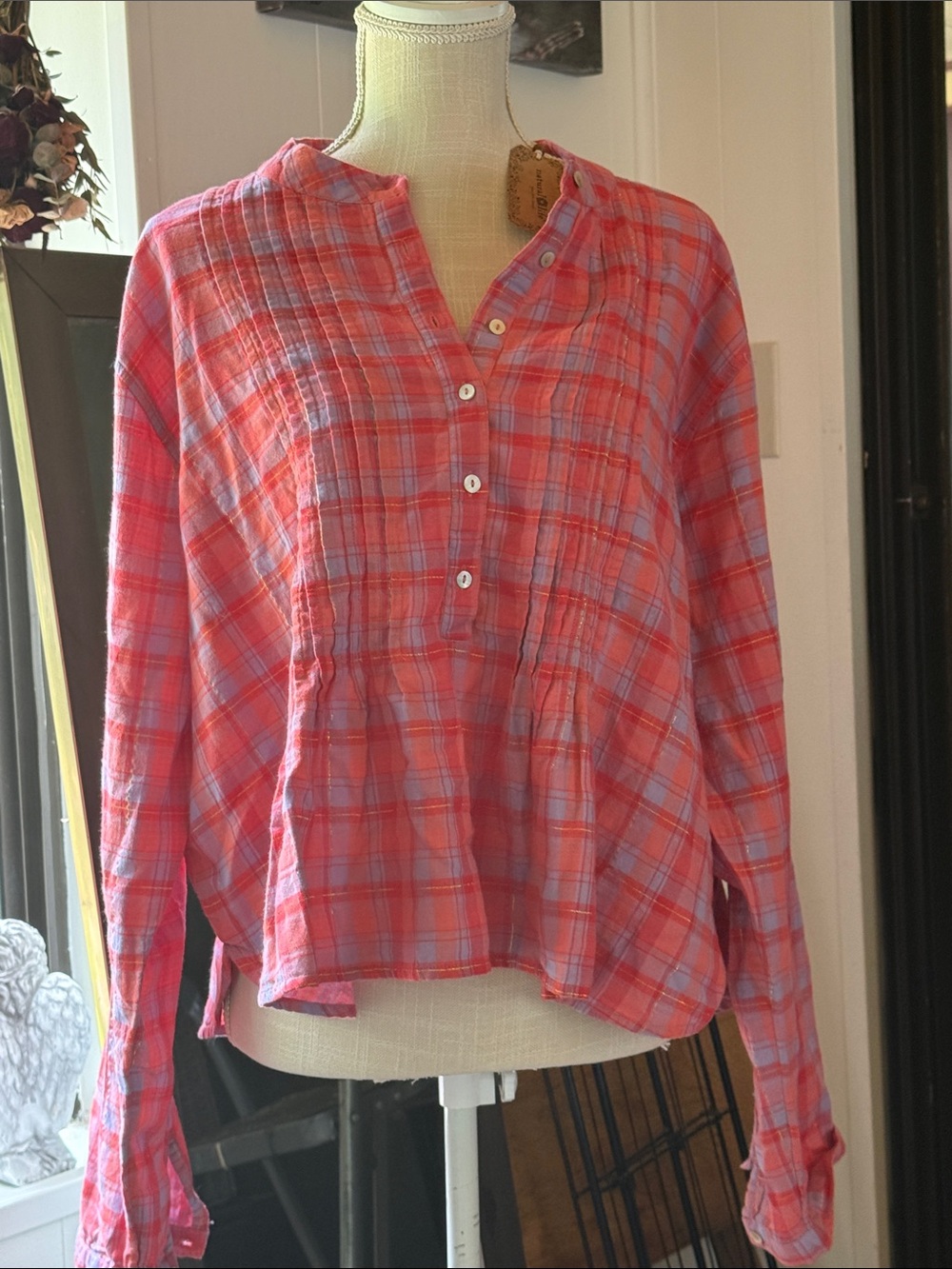 NATURAL LIFE Coral Pink and Lavender Plaid Button-Front Shirt-new Natural Life